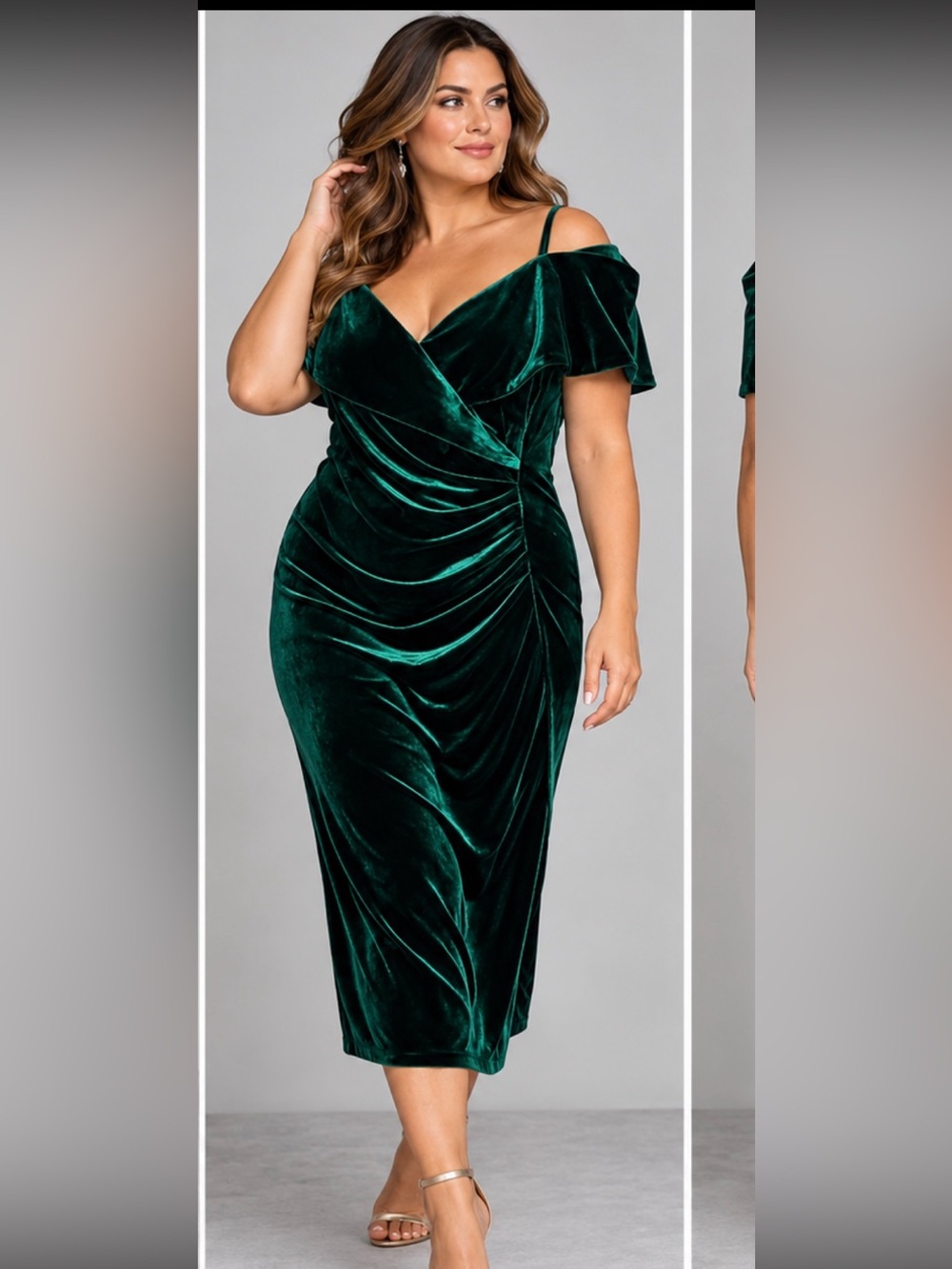 NWT Xscape Velvet Emerald Stretch Off Shoulder Midi Dress 16W